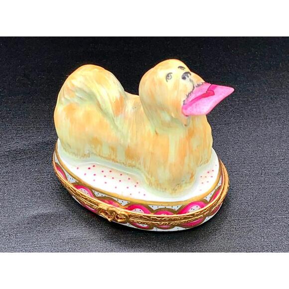 Artoria Limoges Trinket Box Long-Haired Dog Holding Pink Love Letter Peint Main